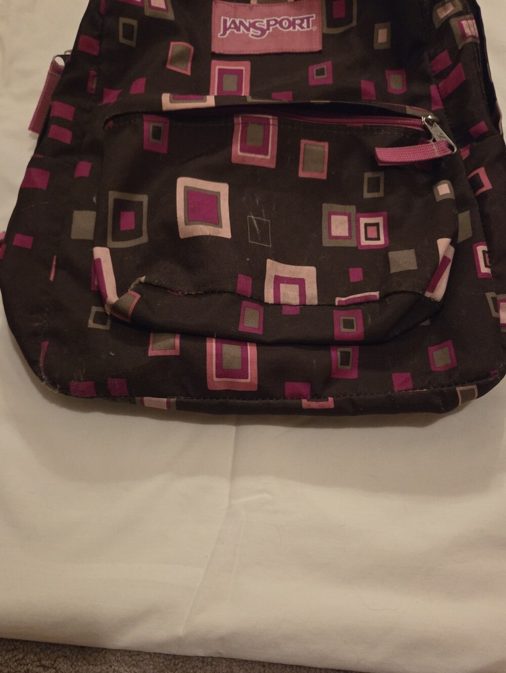 Jansport Black Backpack with Pink and Cream Geometric Squares - Picture 5 of 16